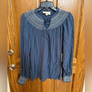 Nurture by Westbound Navy Embroidered Yoke Button-Front Blouse